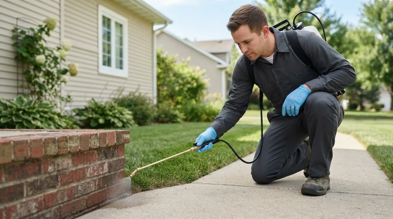 Pest control technician treating a home near Peabody, KS